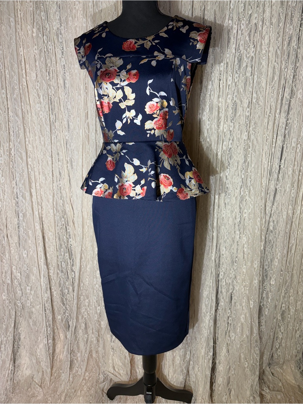 Enfocus Studio Navy Floral Peplum Pencil Dress with Rose Print